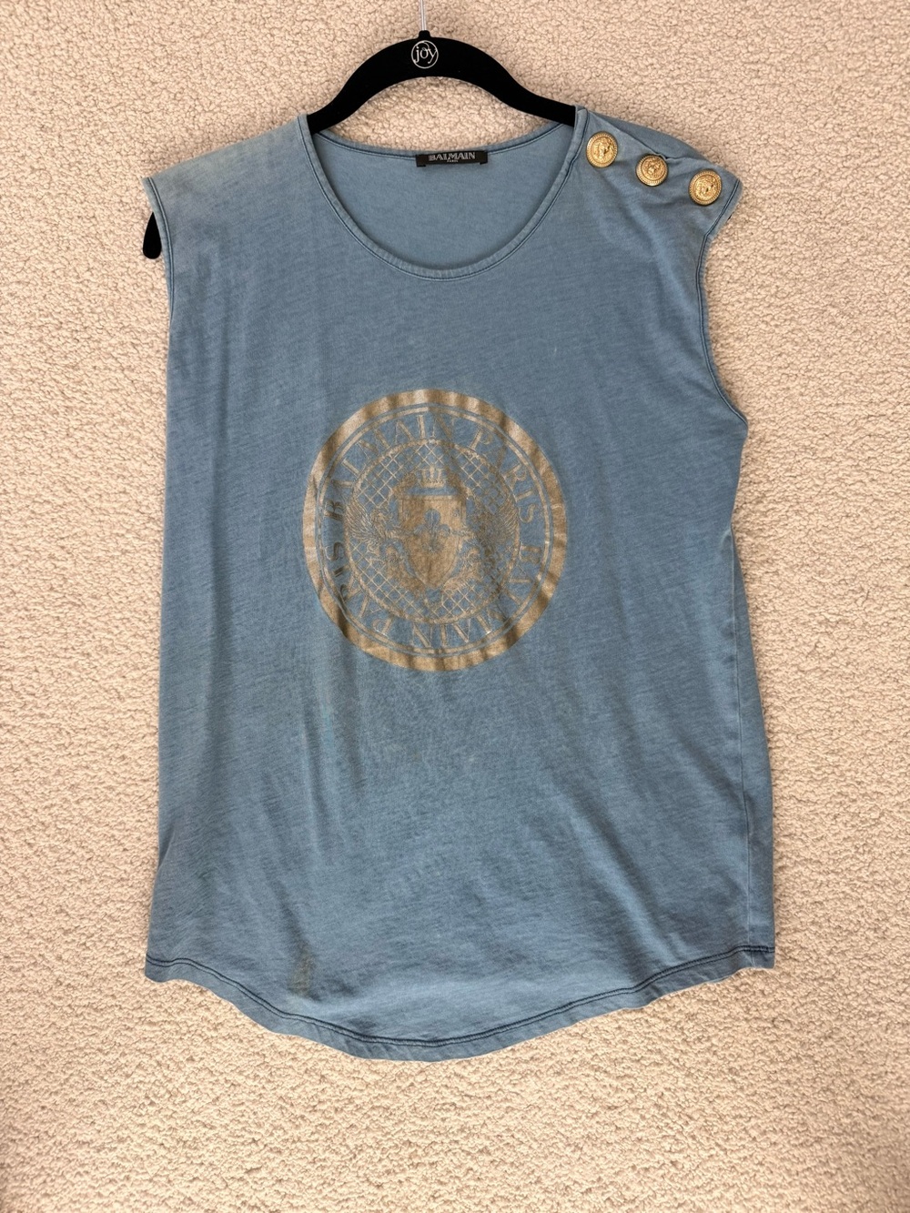 Balmain Dusty Blue Sleeveless Tank with Gold Emblem Buttons